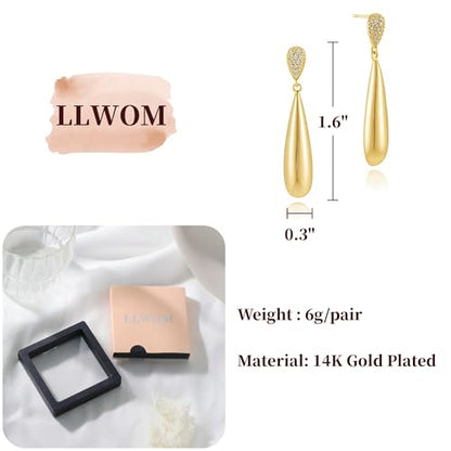LLWOM Earrings for Women - 14K Gold Plated CZ Teardrop Dangle Earrings | Dangling Earrings for Women Trendy, Hypoallergenic Jewelry Gift for Wedding/Party/Prom/Daily, Elegant Drop Earring Stud - color: Gold CZ Teardrop