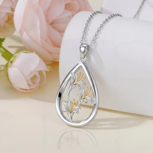 12 Month Birth Flower Necklace for Women 925 Sterling Silver Floral Teardrop Pendant Birthday Jewelry Gifts - color: 06. June Honeysuckle
