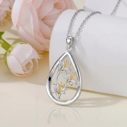 12 Month Birth Flower Necklace for Women 925 Sterling Silver Floral Teardrop Pendant Birthday Jewelry Gifts - color: 06. June Honeysuckle