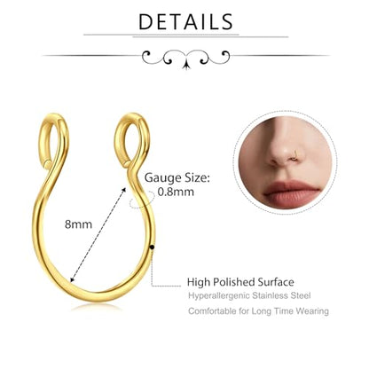 D.Bella Fake Septum Hoop 20G Faux Nose Piercing Hoop Clip on Nose Rings Non Piercing Fake Septum Lip Ear Ring Faux Body Piercing Jewelry for Women Men - color: Color B -gold