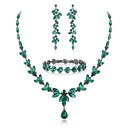 EVER FAITH Marquise Crystal Leaf Bridal Prom Jewelry Set for Women Bride | Rhinestone Wedding Party Necklace Dangle Earrings Tennis Bracelet, for Bridesmaid - color: Green Black-Tone