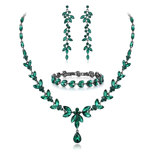 EVER FAITH Marquise Crystal Leaf Bridal Prom Jewelry Set for Women Bride | Rhinestone Wedding Party Necklace Dangle Earrings Tennis Bracelet, for Bridesmaid - color: Green Black-Tone