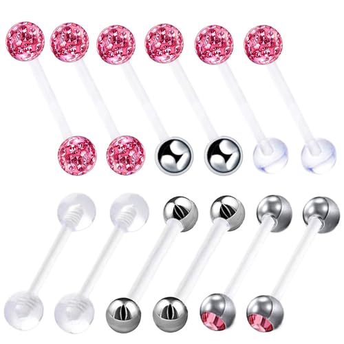 12pc Flexible Acrylic Bar Coated CZ Crystal Ball Barbell Tongue Ring Stud Nipple Body Piercing Bioflex Retainer Jewelry Set - color: Pink