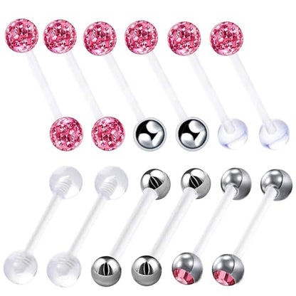 12pc Flexible Acrylic Bar Coated CZ Crystal Ball Barbell Tongue Ring Stud Nipple Body Piercing Bioflex Retainer Jewelry Set - color: Pink