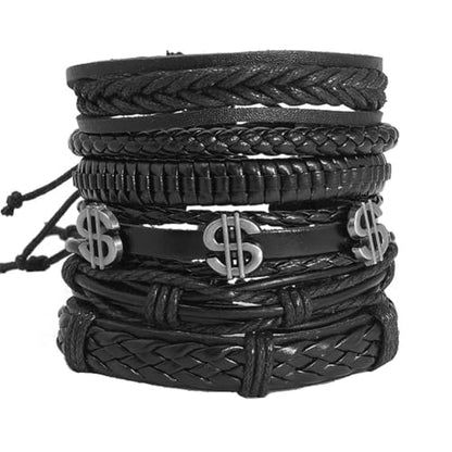 Leather Cuff Bracelet for Men Women, Multilayer Braided Wristband, Adjustable 6.5-9.5 Inches Wrap Bracelets Punk Gothic Grunge - color: Dollar set - 6Pcs