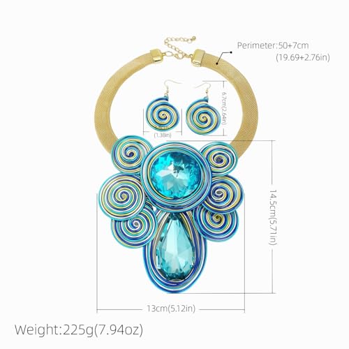 African Jewelry Sets Statement Big Crystal Pendent Necklace Earrings Set For Women Handmade Bib Collar Costume Tribal Fashion Accessories - color: KDLUN5306 Sky Blue