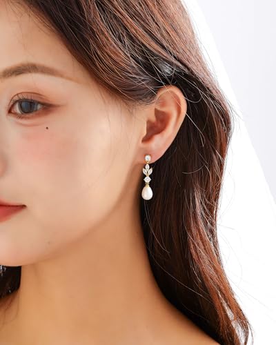 Pearl Earrings for Women, 14k Gold Plated Trendy Diamond Pearl Drop Earrings Bridal Shower Gifts Wedding jewelry for Women - color: Style D Gold