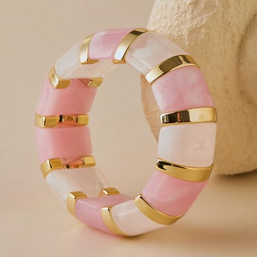 YBMYCM Acrylic Chunky Bangles Bracelets for Women Resin Gold-plated Stackable Stretch Bracelet Wide Wristbands Gift Jewelry - color: Pink white