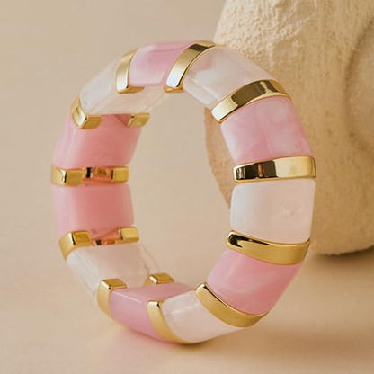 YBMYCM Acrylic Chunky Bangles Bracelets for Women Resin Gold-plated Stackable Stretch Bracelet Wide Wristbands Gift Jewelry - color: Pink white
