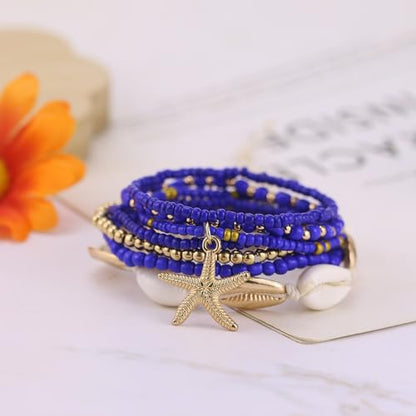 Bohemian Starfish Bracelets for Women - Adjustable Stackable Beach Bracelets, Handmade Stretchy Beaded Summer Jewelry, Perfect for Surf & Waterproof Fun - color: Dark Blue
