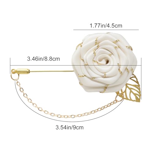 "yueton 1 Pack Men White Rose Flower Gold Leaf Brooch Men Suits Lapel Pin Bridegroom Floral Pins Simple White Flower Brooch for Wedding, Party"