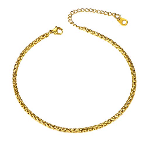 Adjustbale Link Chain Anklet for Women Summer Jewelry, 316L Stainless Steel Figaro/Wheat/Twist Rope/Cuban Foot Bracelet-Waterproof, Resizable 9"-12" (Gift Box Included) - color: 4, Wheat - Gold