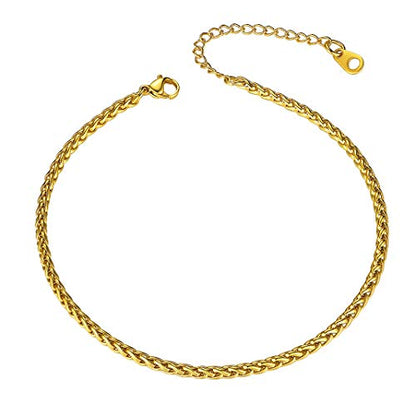 Adjustbale Link Chain Anklet for Women Summer Jewelry, 316L Stainless Steel Figaro/Wheat/Twist Rope/Cuban Foot Bracelet-Waterproof, Resizable 9"-12" (Gift Box Included) - color: 4, Wheat - Gold
