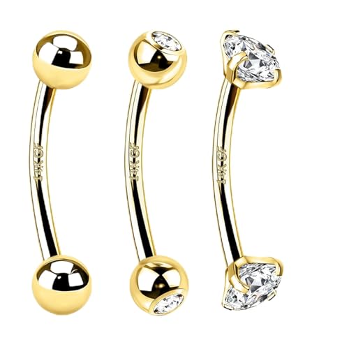 3 Pcs 14k Gold Filled Eyebrow Rings, 16G Rook Piercing Jewelry, Surgical Steel Vertical Lip Labret Belly Tongue Ring Daith Earring Curved Barbells 6mm/8mm/10mm - color: gold 8mm