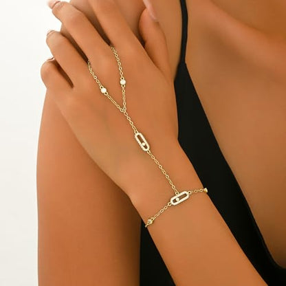 14K Gold Plated Paperclip Finger Chain Bracelet for Women | Adjustable Stackable Cubic Zirconia Hand Chain, Mother Daughter Birthday Wedding Jewelry Gifts - color: Gold