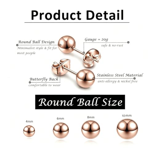 3/4 Pairs Stainless Steel Ball Stud Earrings, High Polished Round Ball Earrings Set for Women & Men 4-10mm - color: Rose Gold