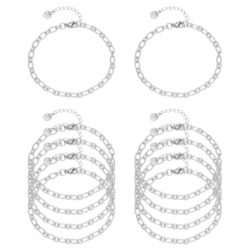 10 PCS Bracelets for Women Stainless Steel Chain Link Bracelet Set | 6.7 Inches with Extender, Jewelry Gifts for DIY, Chains Bulk, Oval, Curb, Figaro Chains, 18K Gold Plated, Silver, Chunky - color: Cable Silver