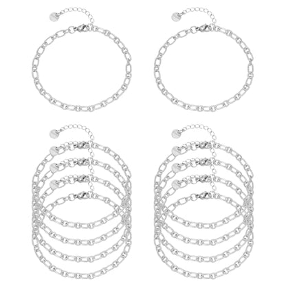 10 PCS Bracelets for Women Stainless Steel Chain Link Bracelet Set | 6.7 Inches with Extender, Jewelry Gifts for DIY, Chains Bulk, Oval, Curb, Figaro Chains, 18K Gold Plated, Silver, Chunky - color: Cable Silver