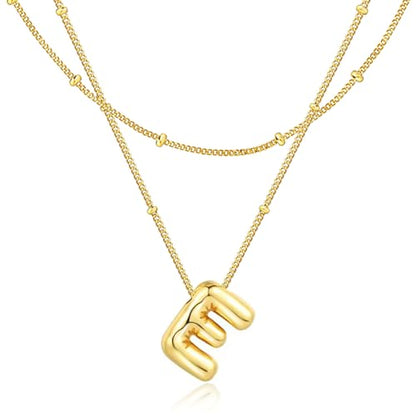 Bubble Letter Necklace for Women, 14k Gold Plated Initial Letter Pendant Necklace Personalized Jewelry A - Z 26 letters - style: Gold-E