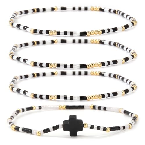 Christian Cross Christmas Stackable Seed Beaded Bracelets for Women, Boho Colorful Healing Stretch Accessories God Christ Pray Faith Amulet Jewelry, Daily Party Holiday Friendship Gift - color: Black