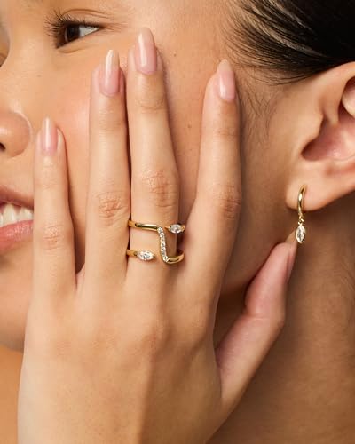 PAVOI 14K Gold Plated Cubic Zirconia Bypass Open Band Stackable Ring for Women | CZ Statement Eternity Rings - color: White Gold, size: 9, style: Bypass
