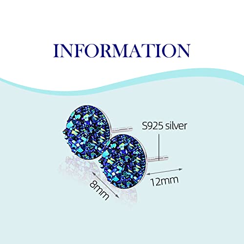 Silver-tone Faux Druzy Stud Earrings，925 Sterling Silver Hypoallergenic Natural Gemstone Earrings for Women Trendy Fashion - color: Blue