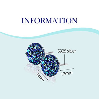 Silver-tone Faux Druzy Stud Earrings，925 Sterling Silver Hypoallergenic Natural Gemstone Earrings for Women Trendy Fashion - color: Blue