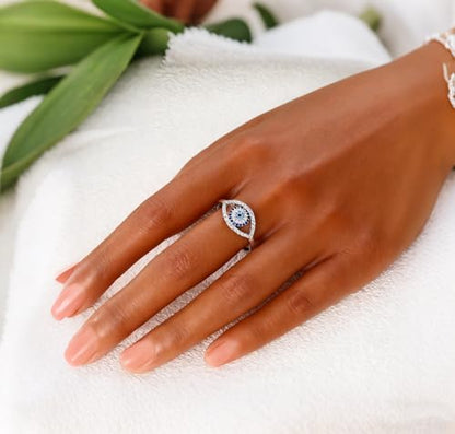 Hapour 925 Sterling Silver Rings for Women Firefly Ring, Glow in the Dark | Sun Moon Star Band Ring Rainbow Evil Eye Chunky Heart Thumb Pinky Stackable Dainty Ring, 14K Gold Plated, Cubic Zirconia - color: Blue CZ Devil's Eye, size: 6