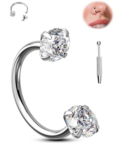 Jewseen Titanium Horseshoe Nose Ring 18G Double Gem Nose Ring for Women 6MM/7MM/8MM Internally Threaded Lip Septum Piercing Jewelry Horseshoe Helix/Daith/Tragus Earring for Women - color: Clear CZ, size: 1.0*7mm
