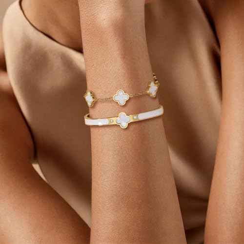Gold Clover Bangle Bracelets for Women Men 2pcs Bracelet Stack | 18K Gold Plated Stainless Steel Non Tarnish,Chunky Black and White Jewelry,Four Leaf Clover Bracelet Bangles gifts for women - color: Gold-White Set