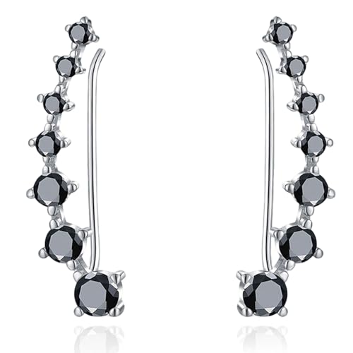 Black 7 Crystals Ear Cuffs Climber Earrings for Women Silver Plated Cartilage Crawler Cubic Zirconia CZ Hypoallergenic Piercing Earring Fashion Anniversary Birthday Jewelry Gifts