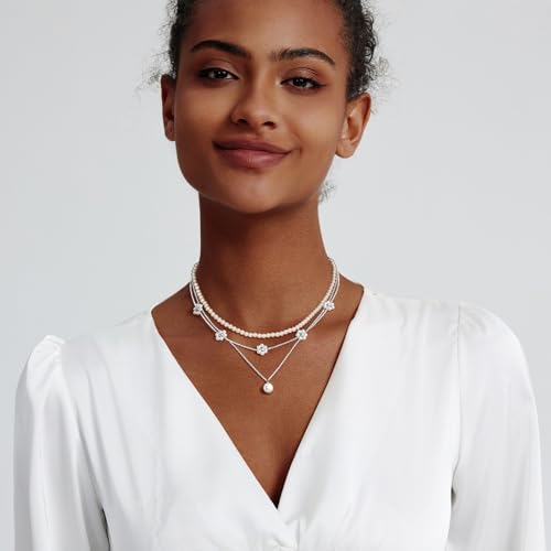 Zeffy Gold Pearl Necklace for Women, Dainty 14K Gold/Silve Plated Layered Pearl Choker Pearl Earrings Pearl Bracelets Wedding Trendy Gold Jewelry Set for Women Gifts - style: Silver Daisy Pearl Necklace-3PCS