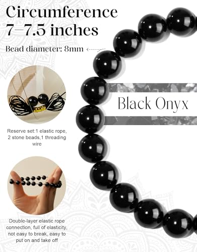 Natural Stone Beaded Bracelets for Men Women, 4mm 6mm 8mm | Healing Crystal, Protection Gemstone, Gift Packaging with Energy Card, Stretch Jewelry, Replacement Beads Included, 18 Stone - color: Black Onyx(Protection & Energy), size: 8mm
