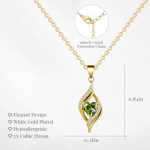 Birthstone Necklace for Women, 14K Gold Plated Heart Cubic Zirconia Pendant, Dainty Birthstone Jewelry Necklace Gifts for Birthday, Valentine’s Day Mother's Day - color: August-Peridot