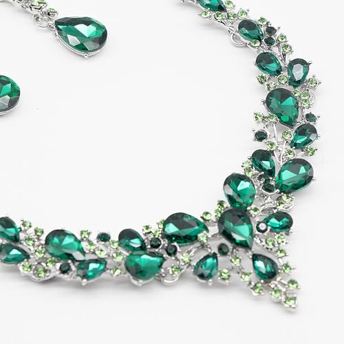 Crystal Bridal Jewelry Set, Floral Statement Necklace, Earrings, Bracelet, Wedding Accessories - color: Green