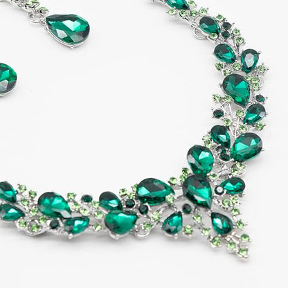 Crystal Bridal Jewelry Set, Floral Statement Necklace, Earrings, Bracelet, Wedding Accessories - color: Green