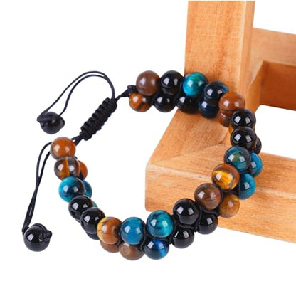 Triple Protection Bracelet,Bracelets for Men Women, Natural Tiger Eye Jewelry Stone Hematite and Blue Stone Hematite 8mm Crystal Bracelet - Adjustable Size with Premium Gift-Box - color: Black-Brown-Blue