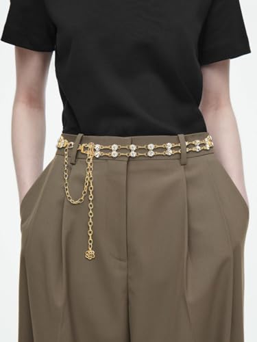 Women Rhinestone Crystal Waist Belts for Dress Adjustable Ladies Metal Chain Belts - size: 105CM/41.3IN, style: Gold-B