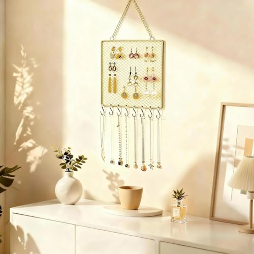 Heshouer Rectangular Earring Wall Holder, Gold. | Wall Mounted, 8 Hooks & Small Grid, For Earrings Necklace, Decorative, For Bedroom Closet Home Decor - size: Rectangular