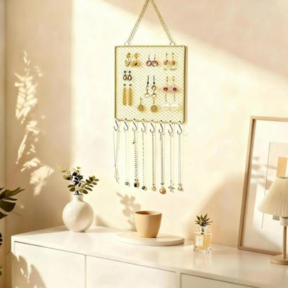 Heshouer Rectangular Earring Wall Holder, Gold. | Wall Mounted, 8 Hooks & Small Grid, For Earrings Necklace, Decorative, For Bedroom Closet Home Decor - size: Rectangular