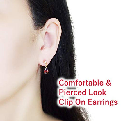 Drop Cubic Zirconia Invisible Clip On Earrings for Women Not Pierced Gold Teardrop Sqaure CZ Crystal Dangle Gold Silver Comfortable Clip On Earrings Bridal Wedding Prom - color: Teardrop 4 Red