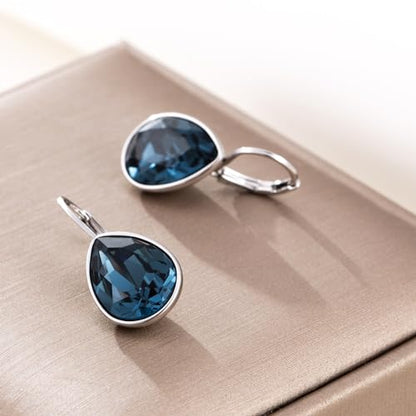 Xuping Jewelry Huggies Crystal Teardrop Earrings for Women Clear Crystals Leverback Silver Earring Fashion Party Jewelry Gifts - color: Navy Blue