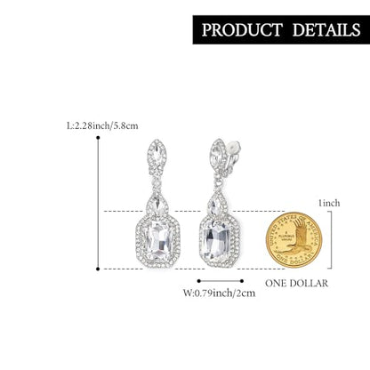 Women's Wedding Bridal Crystal Emerald Cut Infinity Figure 8 Chandelier Clip-On Dangle Earrings - color: Clear Silver-Tone