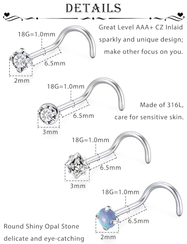 6 Pcs 18G 20G Surgical Steel Nose Rings Studs for Women Opal Nose Rings Diamond CZ Nose Studs L Shaped Nose Nostril Piercing Jewelry Hypoallergenic - style: 18G,Screw
