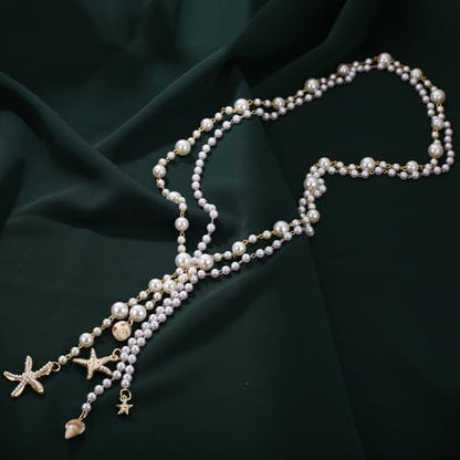 Simulated Pearl Strand Layered Necklace for Women, Multi Strand Long Necklace, Dainty Sweater Necklace for Party Costume Jewelry - style: Starfish