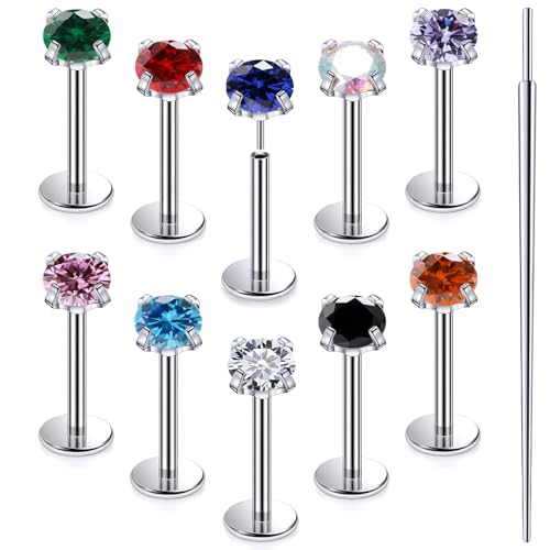 20G 18G 16G Astm F136 Titanium Threadless Flat Back Earrings Nose Studs Tragus Helix Conch Cartilage Lobe Earrings Medusa Labret Snake Bite Monroe Lip Ring Piercing Jewelry For Women Men - size: 20G-8MM Bar-CZ 4MM