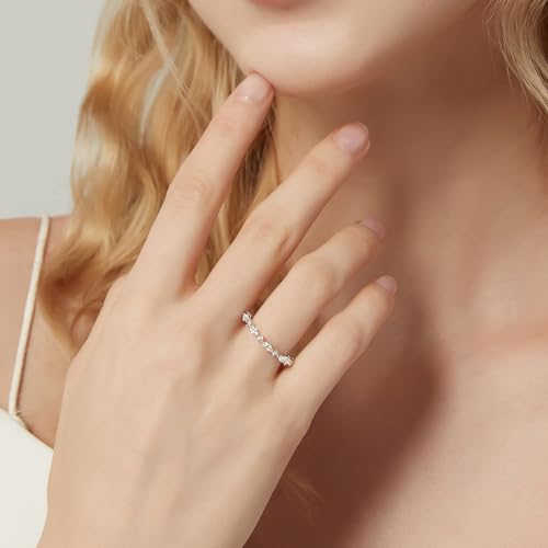 SHINYSO 14K Gold Plated Wedding Band for Women Thin Stacking Ring Half Cubic Zirconia Eternity Engagement Ring Size 4-10 - color: silver