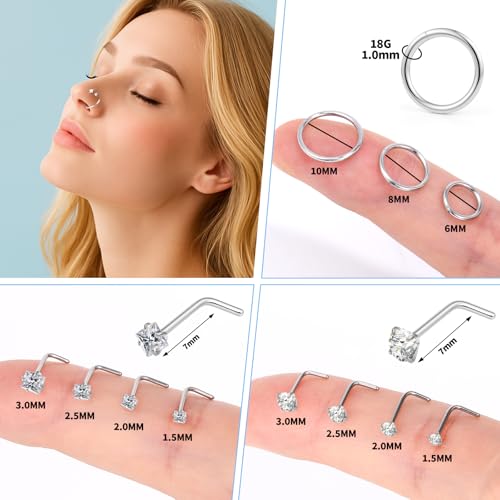 20g Nose Rings Studs and 18g Nose Rings Hoops for Women Men: Hypoallergenic Surgical Stainless Steel Threadless Corkscrew/L Shape/Straight Nose Studs Round Square Simulated Diamond CZ 1.5/2/2.5/3mm Nose Bone Studs Hinged Clicker Segment Nose Hoops Septum