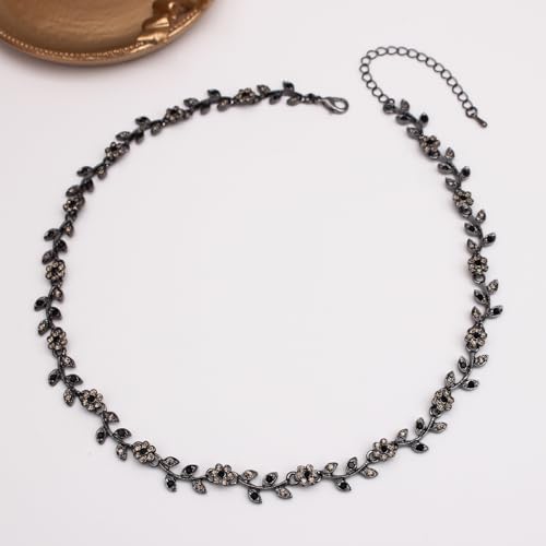 Austrian Crystal Rhinestone Choker Necklace Elegant Flower Leaf Chain Necklace Jewelry for Party Prom Costume Accessories for Women - color: Black Diamond-Jet