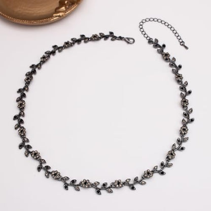 Austrian Crystal Rhinestone Choker Necklace Elegant Flower Leaf Chain Necklace Jewelry for Party Prom Costume Accessories for Women - color: Black Diamond-Jet